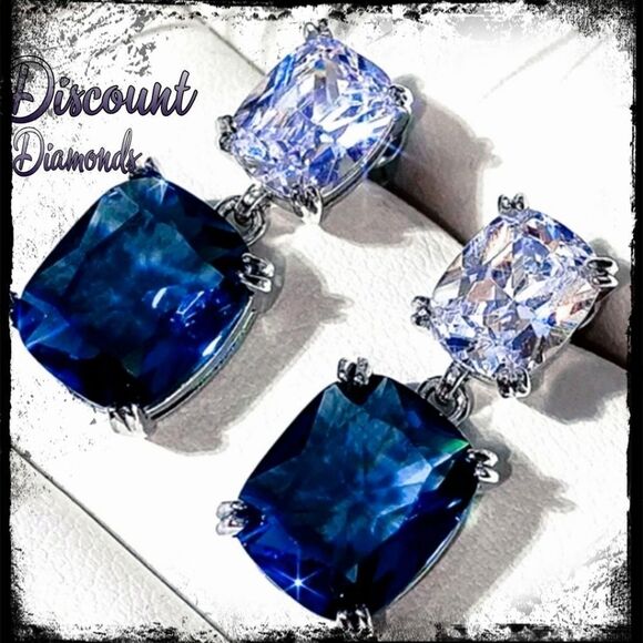 Deep Sea Blue & White Dangle Stud Sapphire Earrings on 925 Silver - Picture 1 of 7